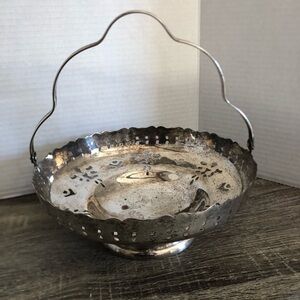 Vtg Silver Decorative Basket with Handle and Etched Design